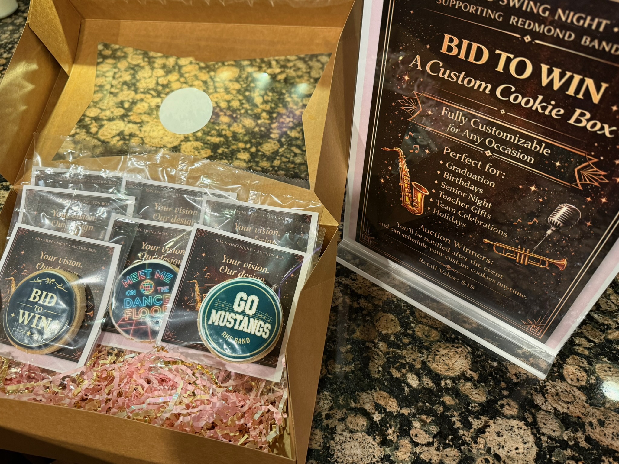 Fundraiser auction cookie box with Bid to Win display